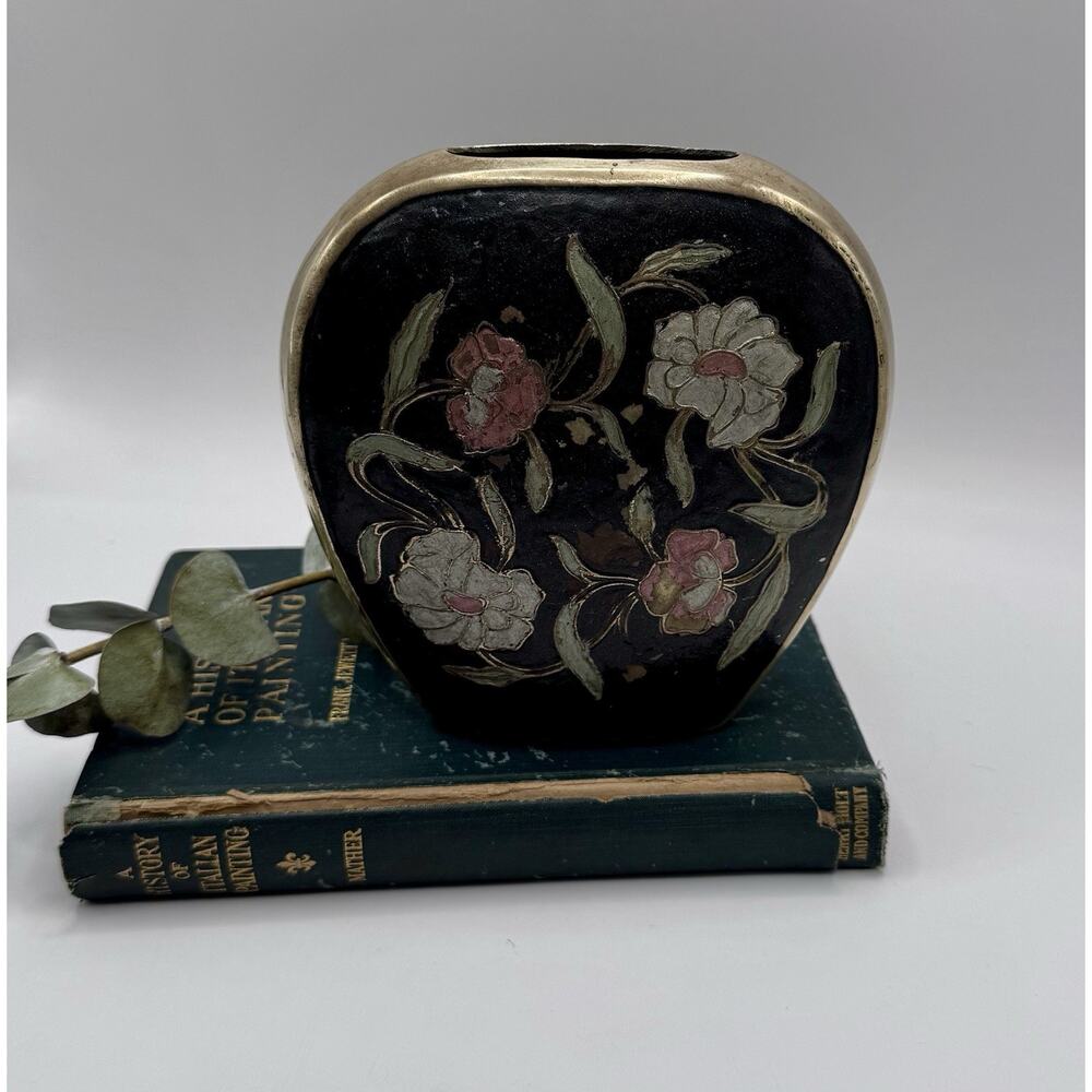 Vintage Brass Cloisonné Style Vase India Floral Black Enamel 6”